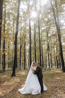 Genç bir gelin ve damat sonbahar güneşinin ışınlarında şefkatle kucaklaşır. Şefkatli ve güzel genç kız gelin. Bir adam sevgilisini öper. Güzel bir bahçenin arka planında