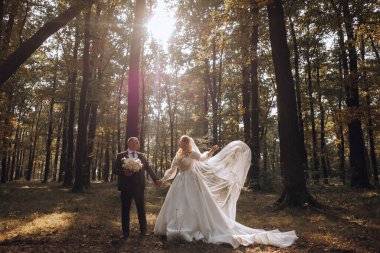 Sonbahar parkında yürüyüş yapan düğün çifti. Güzel beyaz elbiseli gelin. Aşk ve ilişki kavramı. Doğada damat ve gelin