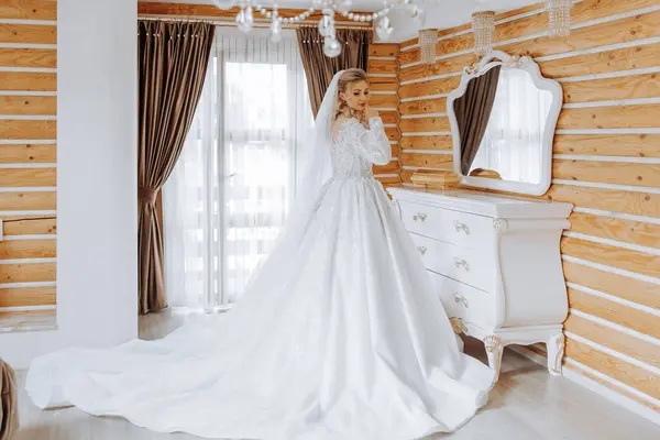 Young Brunette Long Wedding Dress Veil Hotel Room Charming Bride — Stock Photo, Image