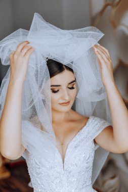 Beyaz gelinlik içinde duvak tutan genç bir gelin otel odasında esmer gelin portresi, düğünden önceki sabah..