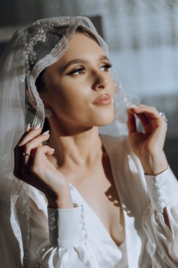 Gelinin saç stilinde lüks düğün tacının diademi. Portre. Sabah düğün hazırlığı gelini yakın plan