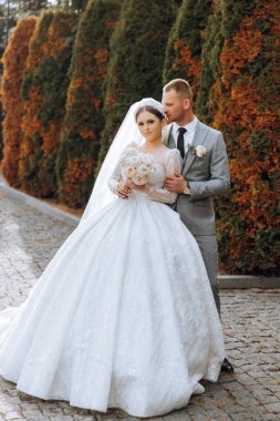 Şık, genç bir damat ve uzun beyaz bir elbise içinde güzel bir gelin ve ellerinde bir buket ile uzun bir duvak, sonbahar doğasında parkta sarılıyorlar. Yeni evlilerin düğün portresi..