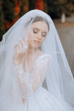 Düğün portresi. Esmer bir gelin, uzun bir peçeyle örtünerek doğada poz veriyor. Güzel makyaj. Dantelli elbise. Sonbahar fotoğraf çekimi