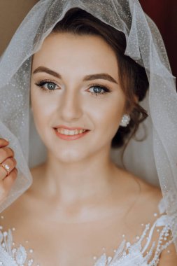 Beyaz gelinlik içinde duvak tutan genç bir gelin otel odasında esmer gelin portresi, düğünden önceki sabah..