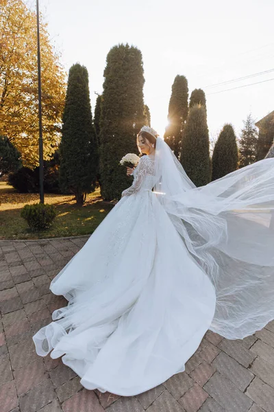Şehvetli beyaz elbiseli esmer gelin elinde buket, poz veriyor. Duvak havaya fırlatıldı. Güzel saç ve makyaj. Doğada düğün fotoğrafı çekimi. Elbisenin uzun treni.