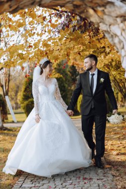 Bir düğün çifti bir sonbahar günü doğada yürüyor. Mutlu genç gelin ve zarif damat el ele tutuşuyor. Yeni evlilerin düğün gününde şık bir çift..