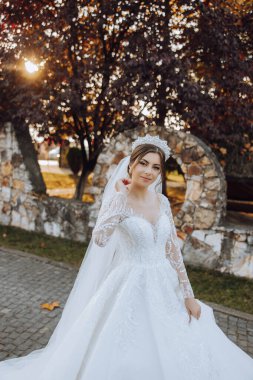 Düğün portresi. Dantelli, omuzları açık, esmer bir gelin doğada poz veriyor. Güzel saç ve makyaj. Sonbahar. Gün ışığı. kutlama.