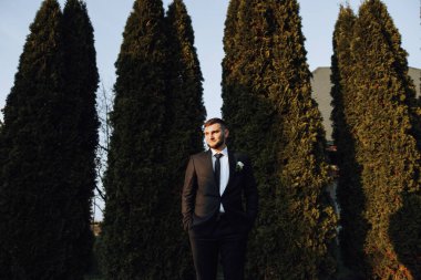 Bir sonbahar gününde zarif bir takım elbiseyle yakışıklı bir damadın portresi. Açık hava fotoğrafı. Takım elbiseli yakışıklı bir adam..