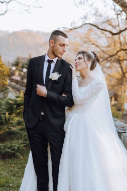 Güzel ve şık yeni evliler güzel bir bahçede sonbahar doğasının arka planına karşı sarılıp gülümsüyorlar. İnanılmaz güzel genç bir gelin, sevgili damadının omzuna yaslandı.