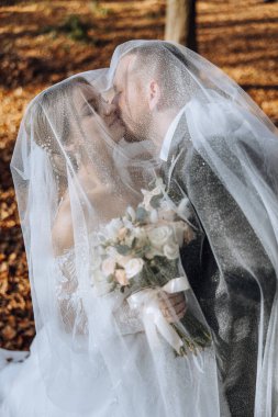 Sonbahar parkında yürüyüş yapan düğün çifti. Güzel beyaz elbiseli gelin. Aşk ve ilişki kavramı. Doğada damat ve gelin