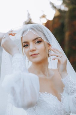 Düğün portresi. Sarışın bir gelin uzun bir peçeyle doğada poz veriyor. Güzel makyaj. Dantelli elbise. Sonbahar fotoğraf çekimi
