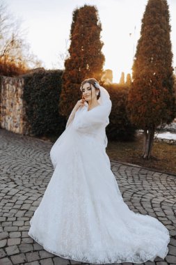 Düğün portresi. Esmer bir gelin, uzun bir peçeyle örtünerek doğada poz veriyor. Güzel makyaj. Dantelli elbise. Gün ışığı. Sonbahar fotoğraf çekimi