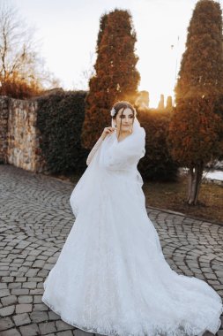 Düğün portresi. Esmer bir gelin, uzun bir peçeyle örtünerek doğada poz veriyor. Güzel makyaj. Dantelli elbise. Gün ışığı. Sonbahar fotoğraf çekimi