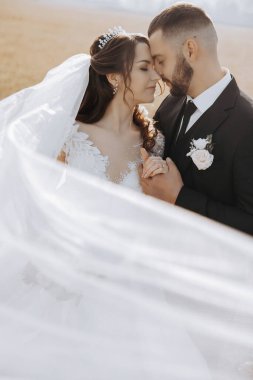 Genç bir gelin ve damat sonbahar güneşinin ışınlarında şefkatle kucaklaşır. Şefkatli ve güzel genç kız gelin. Bir adam sevgilisini öper. Güzel bir bahçenin arka planında