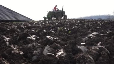 Yetişkin bir adam küçük bir traktör sürer ve tarlayı sürer. Tarım faaliyetleri. Saban toprağı keser ve sebze ekmeye hazırlar. Tarımsal makineler üzerinde çalışan bir adam. 4k
