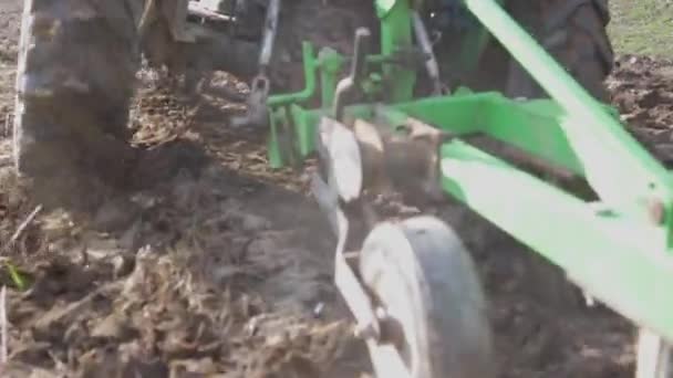 Vuxen Man Kör Liten Traktor Och Plöjer Ett Fält Jordbruksverksamhet — Stockvideo