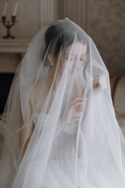 Bir kadın peçe takıyor ve kameraya bakıyor. Duvak beyaz ve yüzünü örtüyor.