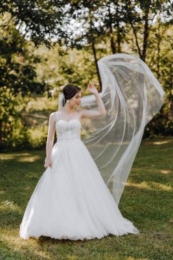 Beyaz peçeli bir tarlada bir gelin poz veriyor. Gelin güzel beyaz bir elbise giyip doğayla çevrili olduğu için sevinç ve kutlama kavramı.