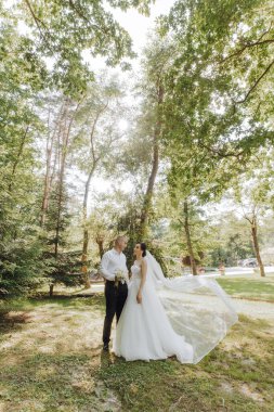 Gelin ve damat parkta durur, gelinin duvağı rüzgarda uçuşur. Sahne huzurlu ve romantik, çift mutlu ve mutlu görünüyor.