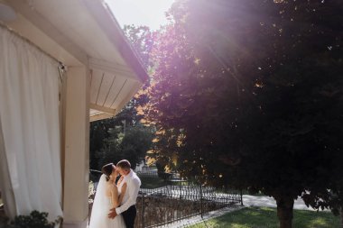 Bir çift bir ağacın önünde öpüşüyor. Sahne romantik ve samimi.