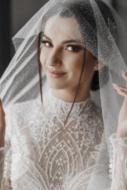 Duvak takan ve beyaz elbiseli bir kadın. Gülümsüyor ve kameraya bakıyor. Mutluluk ve kutlama kavramı, çünkü kadın büyük ihtimalle özel bir olaya hazırlanıyor.
