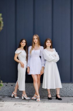 Beyaz elbiseli üç kadın mavi bir duvarın önünde duruyor. Bir fotoğraf için poz veriyorlar, içlerinden biri kolunu yana uzatıyor. Sahne neşeli ve neşeli.