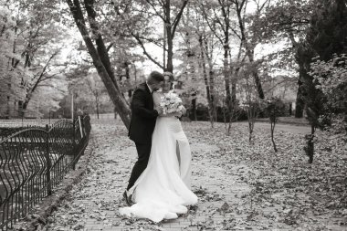 Gelin ve damat parkta, gelin elinde buketle dikiliyorlar. Aşk ve mutluluk kavramı, çiftin resmi giysiler giymesi ve birbirlerinin arkadaşlığından hoşlanmaları gibi.