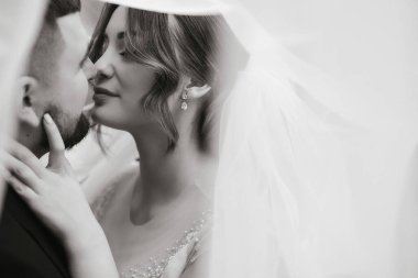 Bir gelin ve damat peçenin altında öpüşüyor. Gelin beyaz bir elbise giyiyor ve damat siyah bir takım elbise giyiyor. Sahne romantik ve samimi.