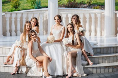 Bir grup kadın bir fotoğraf için poz veriyor, içlerinden biri gelinlik giyiyor. Sahne mutlu ve kutlama dolu, çünkü kadınlar fotoğraf çekmek için bir araya geldiler.
