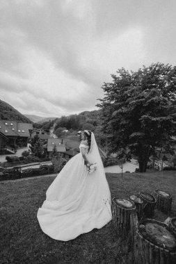 Gelinlikli bir kadın ağacın önünde duruyor. Görüntü dengesiz ve romantik.