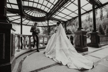 Bir gelin ve damat bir çardağın önünde duruyor. Gelin uzun beyaz bir elbise giyiyor ve damat bir takım elbise giyiyor. Sahne romantik ve mutlu.
