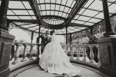 Bir gelin ve damat çardağın önünde öpüşüyor. Sahne romantik ve samimi.