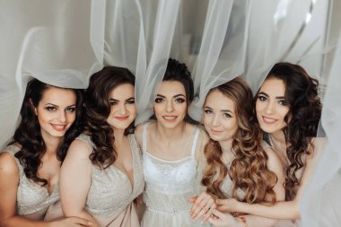 Beş kadından oluşan bir grup bir fotoğraf için poz veriyor, içlerinden biri gelinlik giyiyor. Sahne neşeli ve kutlayıcı, çünkü kadınlar özel bir durum için birlikte poz veriyorlar.