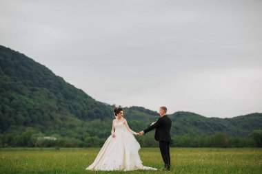 Bir gelin ve damat arka planda dağlarla bir tarlada duruyor. Gelin beyaz bir elbise giyiyor ve damat siyah bir takım elbise giyiyor. El ele tutuşup kameraya gülümsüyorlar.
