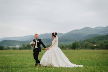 Bir gelin ve damat arka planda dağlarla birlikte bir tarlada yürüyorlar. Gelin beyaz bir elbise giyiyor ve damat da takım elbise giyiyor.