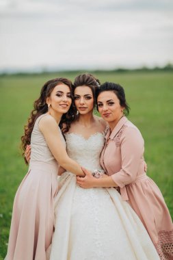 Üç kadın tarlada fotoğraf çektirmek için poz veriyor. Gelin beyaz bir elbise giyiyor ve diğer iki kadın da pembe elbiseler giyiyor. Sahne mutlu ve kutlama dolu.