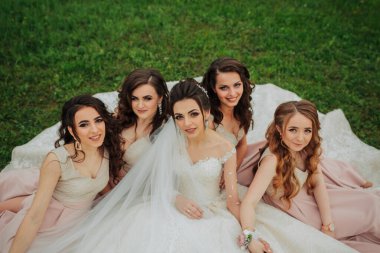 Beş kadından oluşan bir grup çimenli bir tarlada battaniyenin üzerinde oturuyorlar. Kadınlardan biri gelinlik giyiyor.