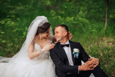 Bir gelin ve damat çimlerin üzerinde oturuyor, kameraya gülümsüyor. Gelin beyaz bir elbise ve duvak takarken damat siyah bir takım elbise ve mavi bir kravat takıyor. Sahne çok romantik.