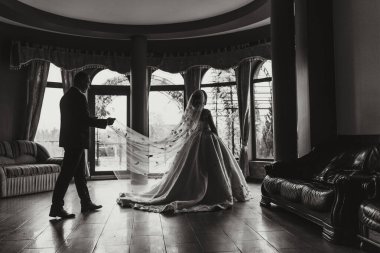 Arka planda kanepesi olan bir adam ve bir kadın bir odada duruyorlar. Kadın duvak ve uzun bir elbise giyiyor.