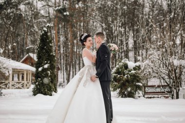 Gelin ve damat karın üzerinde, gelin beyaz bir elbise ve damat siyah bir takım elbise giyiyor. El ele tutuşup gülümsüyorlar ve arka planda bir bank var.