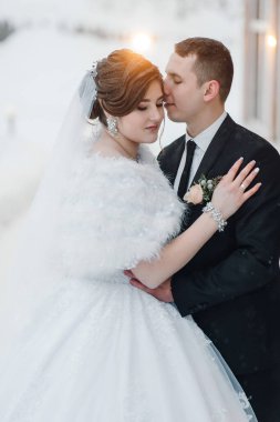 Bir gelin ve damat karda birbirini kucaklıyor. Damat siyah bir takım giyerken gelin beyaz bir elbise ve kürk şalı giyiyor. Sahne samimi ve romantik.