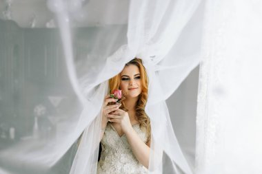 Bir kadın elinde bir gül tutuyor ve pencereden dışarı bakıyor. Sahne beyaz perdeli bir odada geçiyor ve kadın gelinlik giyiyor. Sahne romantik ve samimi.