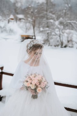 Bir gelin elinde bir buket çiçekle karın üzerinde duruyor. Beyaz bir elbise ve duvak takıyor. Sahne karlı bir arazide geçiyor, arka planda bir köprü var.