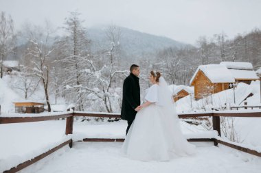 Bir gelin ve damat karlı bir köprüde durup karlı bir manzaraya bakıyorlar. Gelin beyaz bir elbise giyiyor ve damat siyah bir ceket giyiyor. Huzurlu ve huzurlu bir sahne.