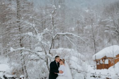 Bir çift karda duruyor, gelinle birlikte beyaz bir elbise giyiyorlar. Birbirlerine sarılıyorlar ve gelin peçe takıyor. Sahne, arka planda ağaçlarla karlı bir ormanda geçiyor.