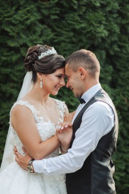 Bir gelin ve damat bahçede birbirini kucaklıyor. Damat siyah bir takım giyerken gelin beyaz bir elbise ve taç giyiyor. Sahne mutlu ve romantik.