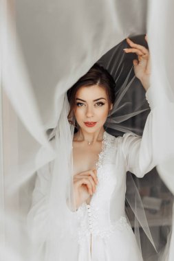 Beyaz elbiseli bir kadın bir perdenin önünde duruyor, yüzü kısmen gizlenmiş. O bir peçe takıyor ve üzerinde kırmızı ruj var. Gizem ve entrika kavramı