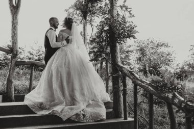 Gelin ve damat tahta bir merdivende, gelinle birlikte uzun beyaz bir elbise giyiyorlar. Aşk ve mutluluk kavramı, çift düğünlerini kutlamaya hazırlanıyor.