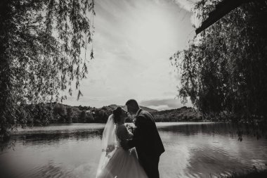 Bir gelin ve damat gölün önünde öpüşüyorlar. Aşk ve mutluluk kavramı, çiftin birlikte özel bir anını paylaştığı gibi. Arka plandaki su dinginlik katıyor.