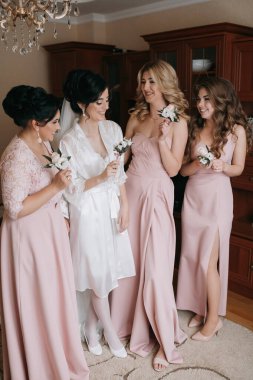 Bir grup kadın bir resim için poz veriyor, içlerinden biri beyaz bir elbise giyiyor. Kadınlar giyinip özel bir durum için poz verirken sahne neşeli ve kutlayıcı.